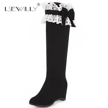 

Lsewilly Casual Women Mid Calf Boots Wedge Heel Flock Winter Shoes Women Sweet Lace Flower Half Boots Black Size 34-43 S896
