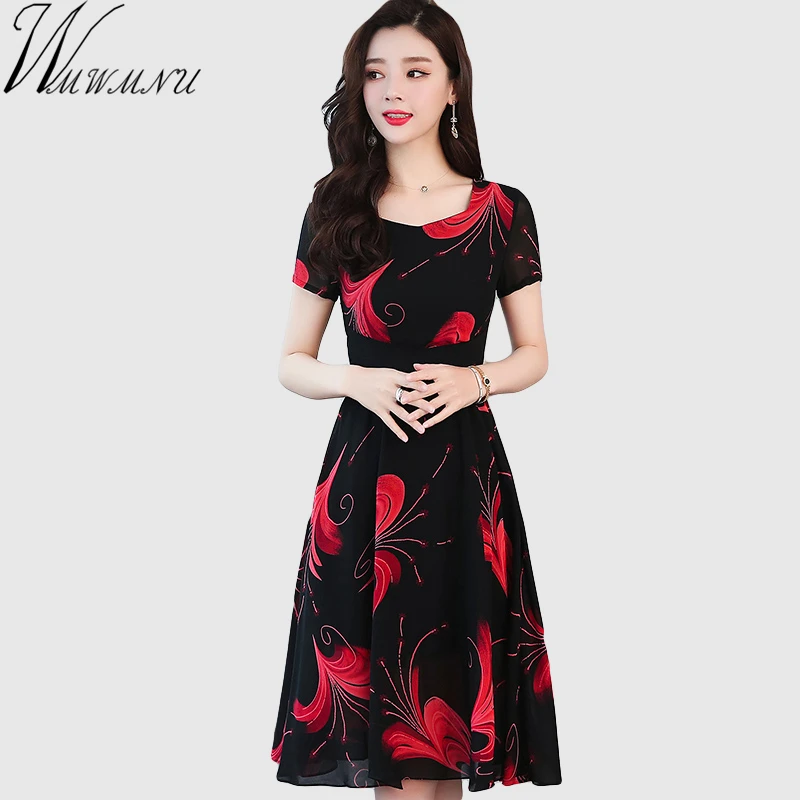 

Casual slim Chiffon Printted Dress 2019 New Arrival Summer Women Bohemian Printing big size Midi Dress Female