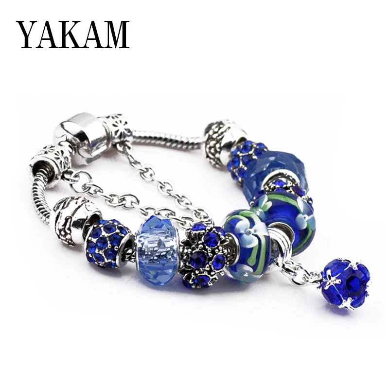 

Fit Original Europe Charms Bracelet Blue Zircon Flower Veins Opal Glass Beads Pendant Pulsera For Women Fashion Jewelry Berloque
