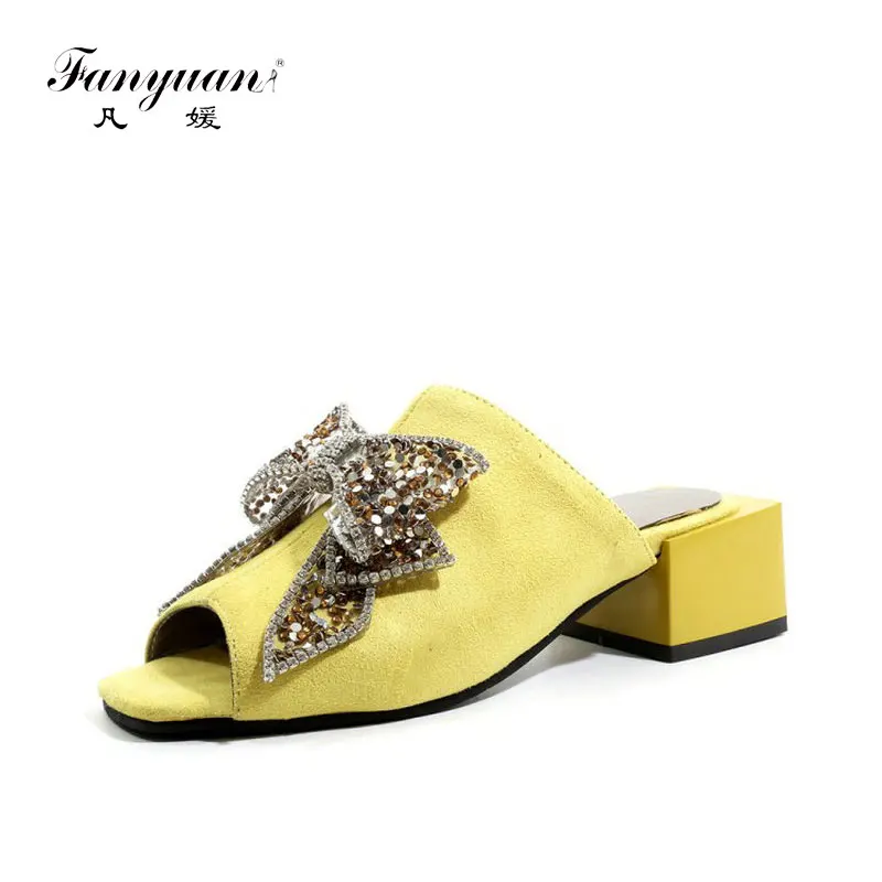 

fanyuan 2019 summer open toe yellow black woman sandals chunky square high heels slippers slides women mules with bowtie