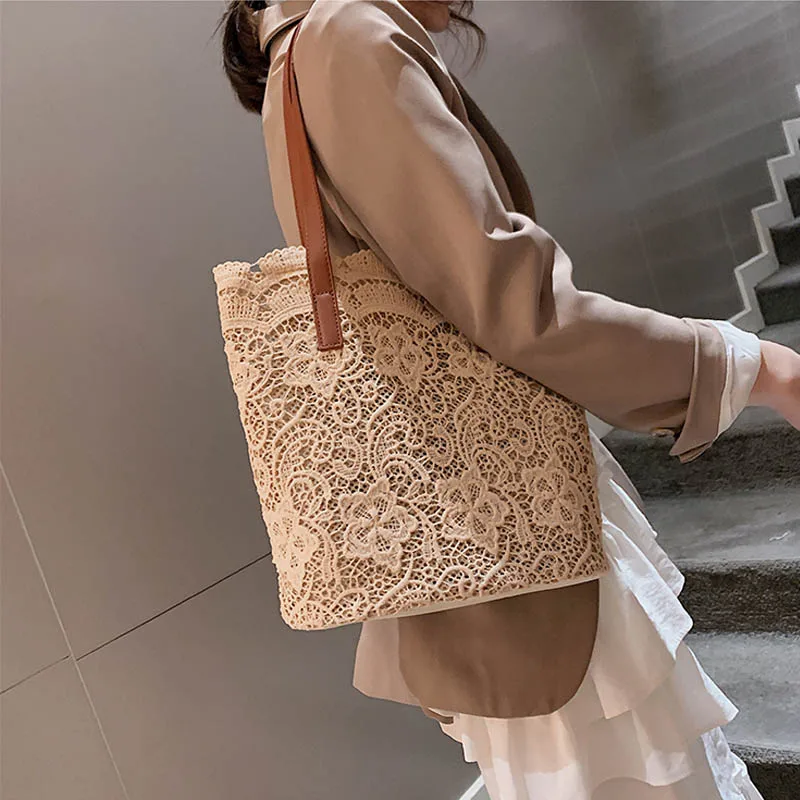 

casual lace women totes designer hollow shoulder bags large capacity female handbags luxury messsenger bag summer beach purse