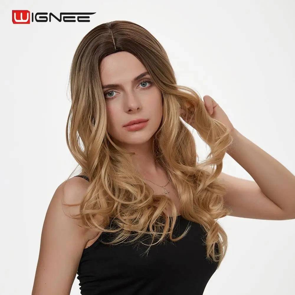 

Wignee Long Wavy Hair Synthetic Wigs For Women Heat Resistant Middle Part Ombre Brown/Blonde Body Wave Fake Hair Body Wave Wig