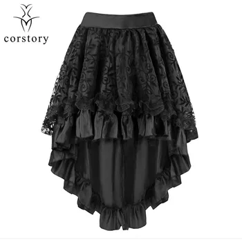 

Corstory Women Vintage Satin Skirts With Floral Lace For Matching Steampunk Corset / Dancewear Ruffle Black Skirt Gothic Costume