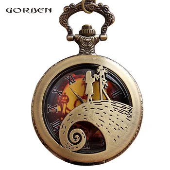 

Vintage Retro Pocket Watch Carving Anime Nightmare Before Christmas Necklace Chain Quartz Fob Watches gift Relogio De Bolso 2020