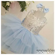 Светло-голубой цвет блестками цветок платья для девочек с бантом Короткие Scoop декольте без рукавов на свадьбу дни рождения Детские бальные платья