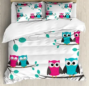 

Nursery Duvet Cover Set Couples of Owls Sitting on Spring Branches Cute Funny Cartoon Characters Bedding Set Turquoise Blue Pink