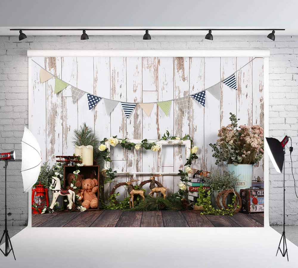 

White wood wall vintage photography backdrops kids child baby christmas photo studio props background photo booth floral Xt7656