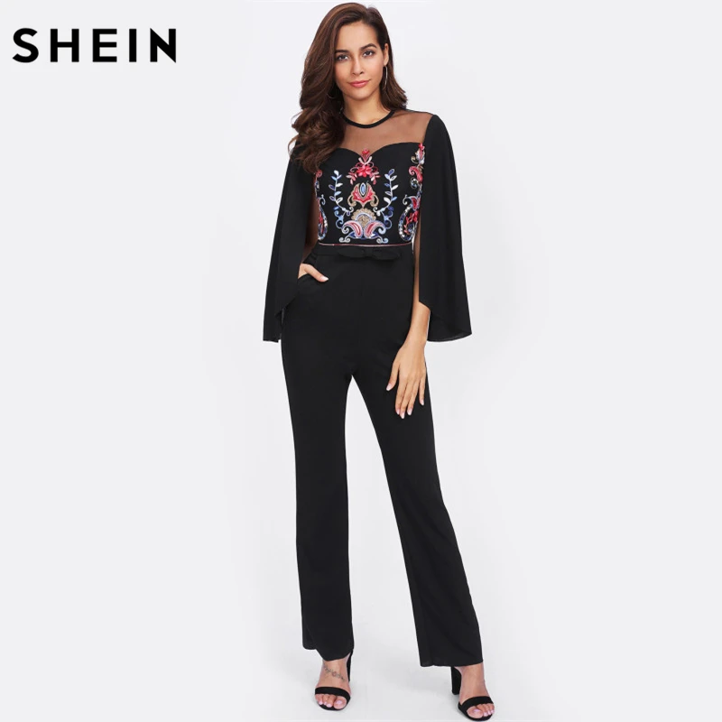 Buy SHEIN Cape Sleeve Contrast Mesh Insert Embroidered Tailored Jumpsuit Black