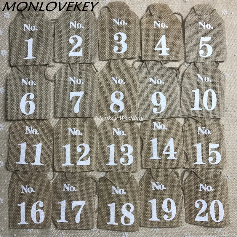 

1set=10pcs jute Hessian burlap Table Number table cards from 1 to10 rustic wedding centerpieces decor vintage wedding decoration