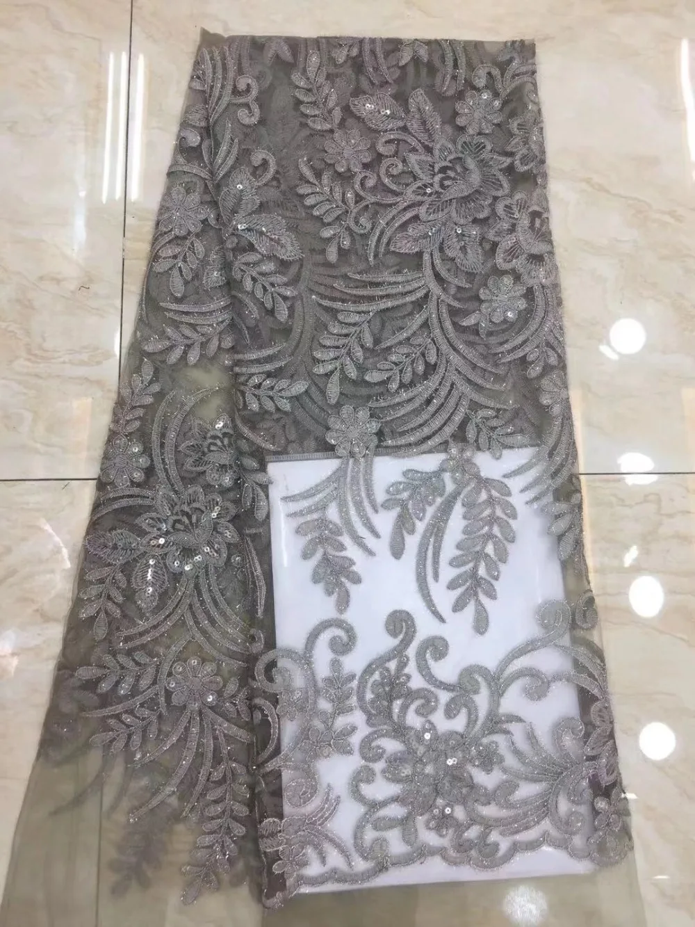 

French lace fabric 5yds/pce dhl grey sequins embroidery fabrics women gorgeous luxury bright lagos party wedding dress new 2019