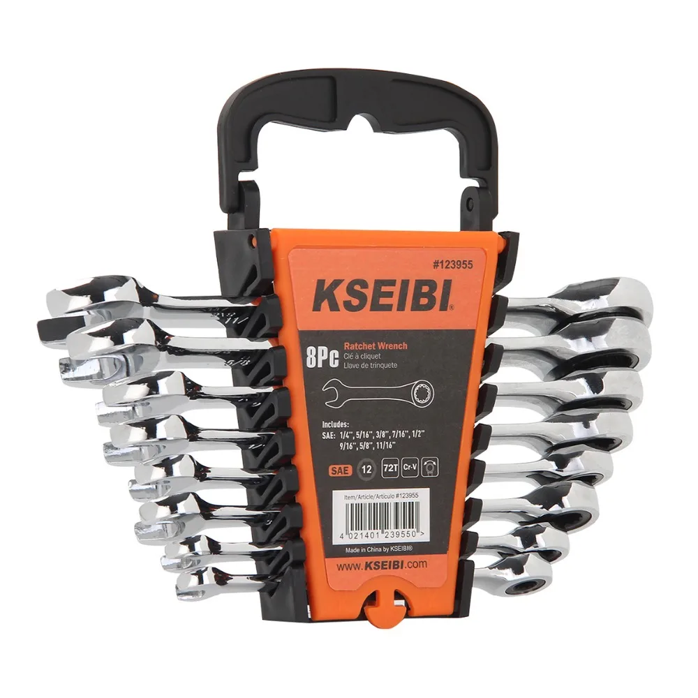 

KSEIBI 8Pcs Ratcheting Combination Wrench, CRV American Standard SAE Torque Wrench - 12-point rings. 72-tooth ratchet action