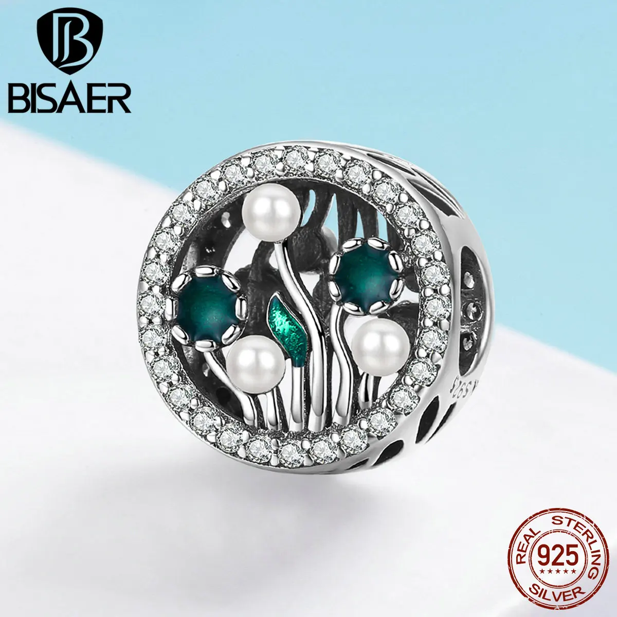 

BISAER Genuine 925 Sterling Silver Flower Shrubs Round Beads Dazzling CZ Charms fit DIY Bracelets Jewelry Making ECC1094