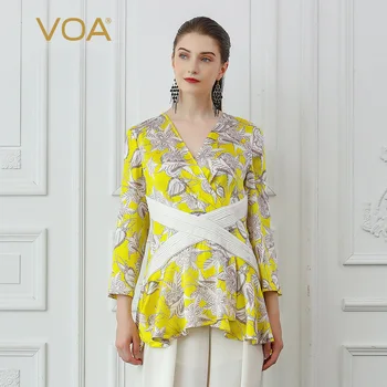 

VOA Yellow Silk T Shirt V Neck Boho Floral Print Women Tops Luxury Ladies Clothes Beach Sweet Pullover Casual Tee Harajuku B833