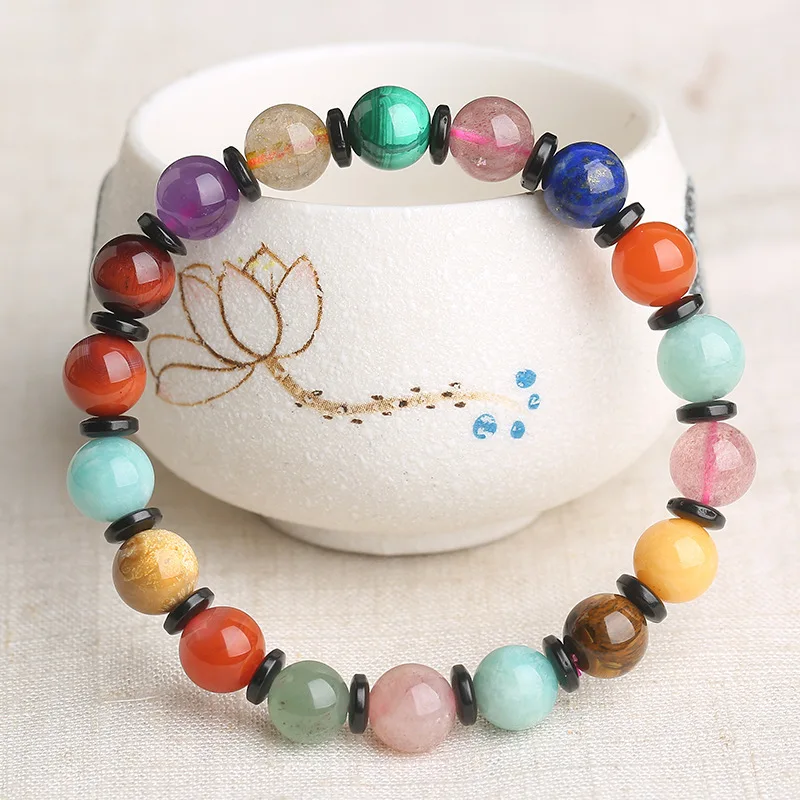 Boho Natural Stone Bracelet Pink Quartz Tiger Eye Stone Beaded