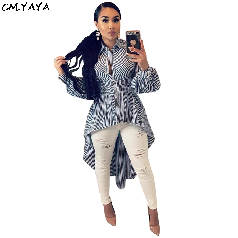 

women sexy fashion striped irregular hem high low turn-down neck long sleeve high waist maxi blouses shirts 3 Colors S-3XL P8134