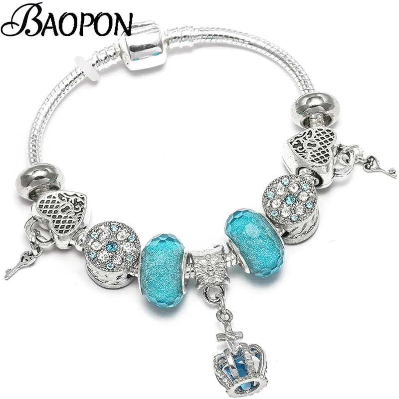 

BAOPON Hot Sale Blue Key & Crown Beads Charms Bracelets & Bangles Fasgion Fine Bracelets for Women DIY Jewelry Dropshipping