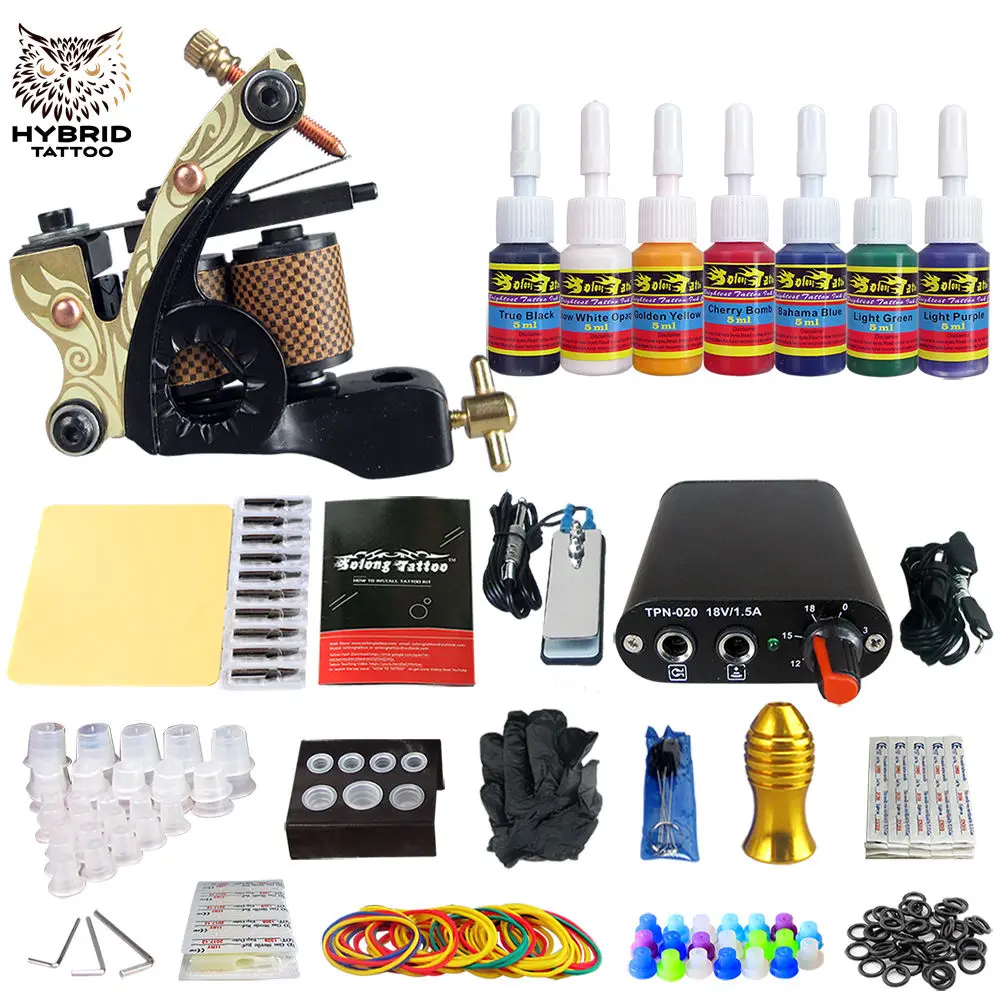 

Complete Tattoo Coil Machine Kit For Liner Shader Power Supply Foot Pedal Needles Grip Tips Tattoo Body&Art TK105-11