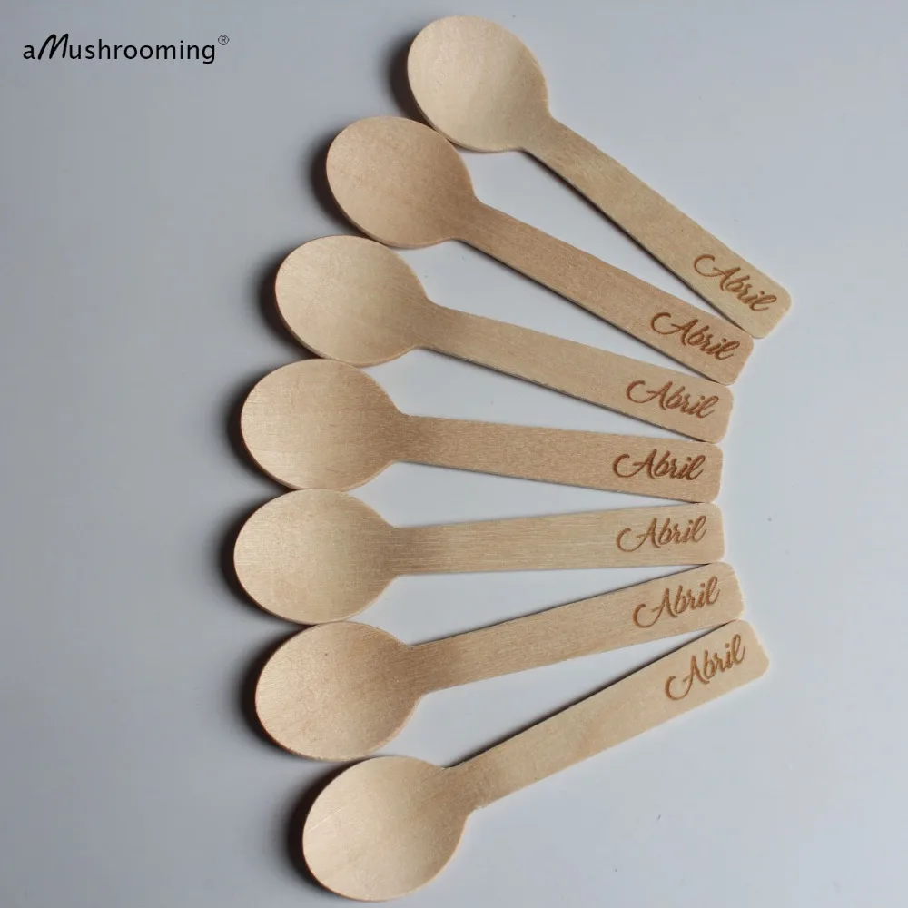 100 Personalized Small Round Ice Cream Spoons 4 Inch Disposable Wood Baby Shower Birthday Rustic Wedding Taster