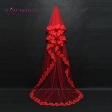 Wowbridal элегантный красный невесты фата embroidere аппликация край органзы длиной до пола свадебные аксессуары