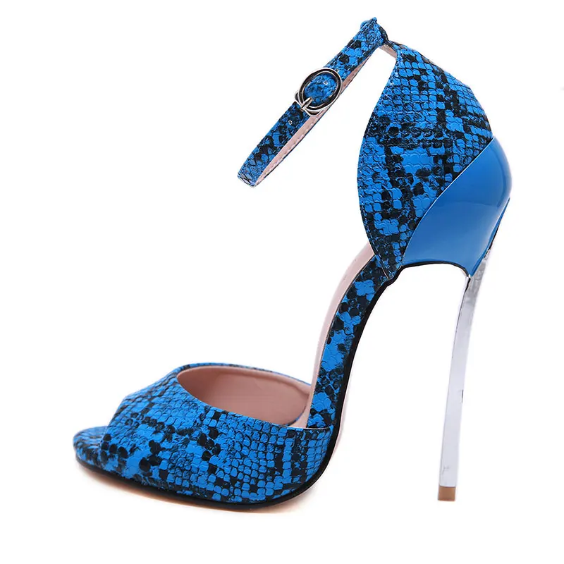 GENSHUO женская обувь на Ультра высоком каблуке высокие каблуки-шпильки сандалии с открытым носком с ремешком на щиколотке змеиная Летняя обувь женская размера плюс - Цвет: Синий