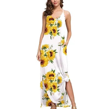 

KLV 2019 summer dress Womens latest fashion платье Casual Loose V-Neck Dress Sleeveless Split Maxi Dresses free shipping D4