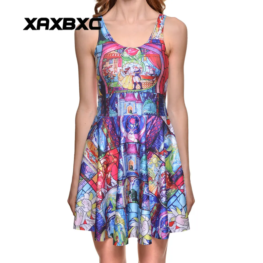 

XAXBXC NEW 1051 Summer Sexy Girl Dress Beauty and the Beast Rose Prints Reversible Vest Skater Women Pleated Dress Plus size