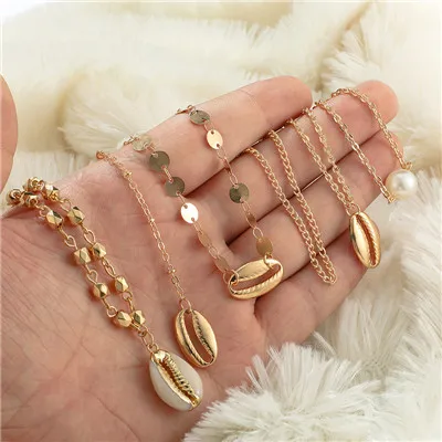 Docona Beach Boho Gold Color Shell Pearl Conch Beads Pendant Necklace For Women Punk Chain Multistorey Jewelry C19208 - Окраска металла: C19208