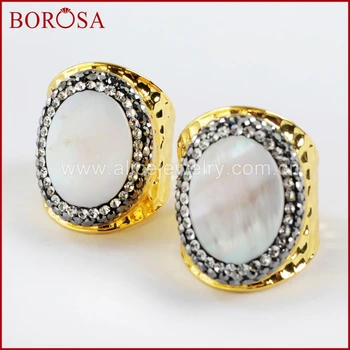 

BOROSA 5/10PCS Oval Natural White Shell pave Rhinestone Gold Plated Band Ring Ring Size 7.5 Shell Rings Fashion Jewelry JAB929