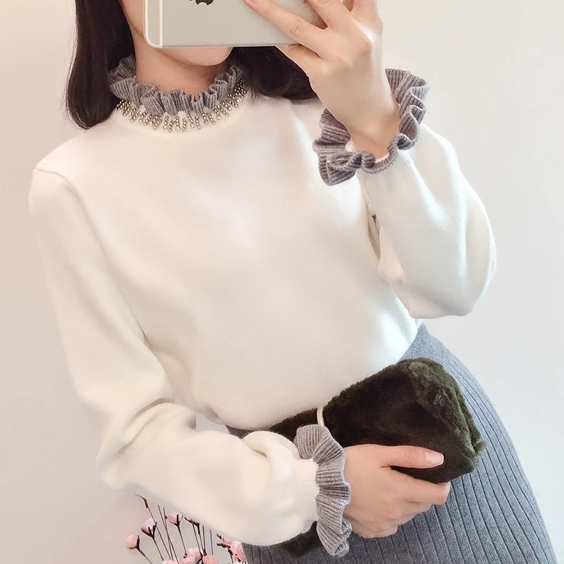 Весна зима корейский маленький свежий студенческий милый длинный рукав вышитый бисером свитер женский свитер пальто