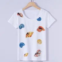 Корейский стиль Лето Для женщин высокой моды cтразы россыпью с круглым вырезом короткий рукав Футболка с принтом рубашка, топы женские футболки с бисером