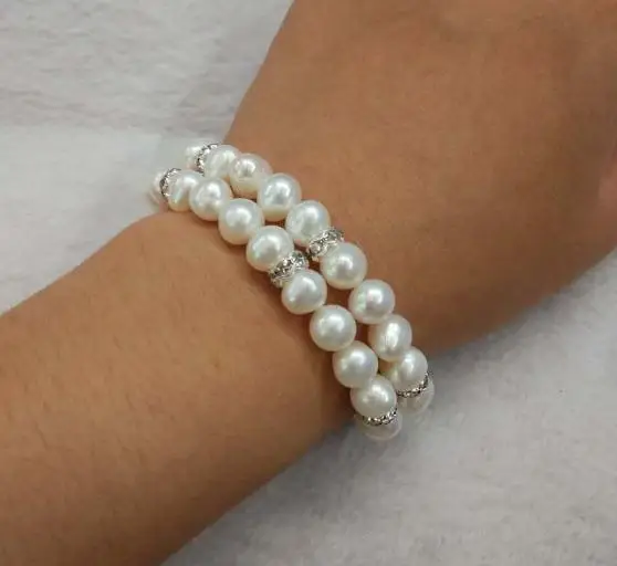Luck pearljewelry 2 ряда 6-7 мм белый цвет Genine пресноводный жемчуг браслет 7,5-8 дюймов горный хрусталь бусины браслет