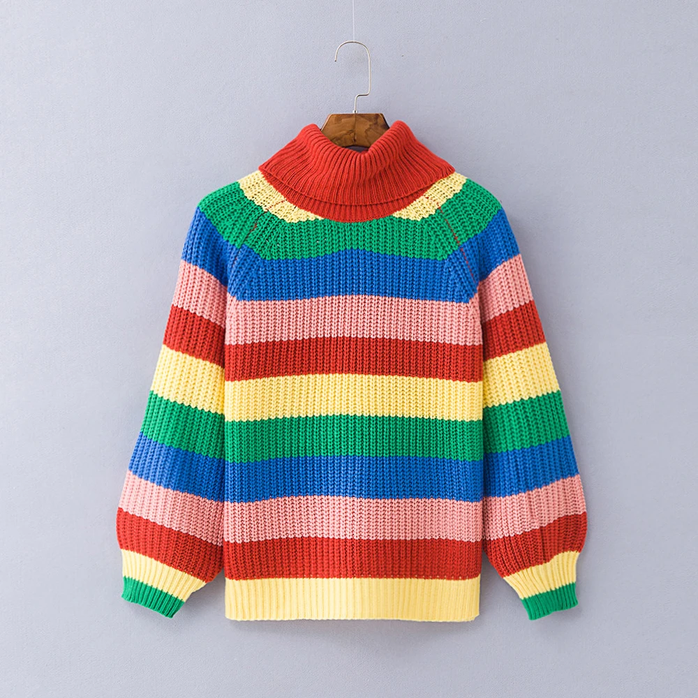 Casual Loose Autumn Winter Turtleneck Sweater Women Oversize Rainbow Striped Knitted Sweaters Warm Long Sleeve Pullover Sweater