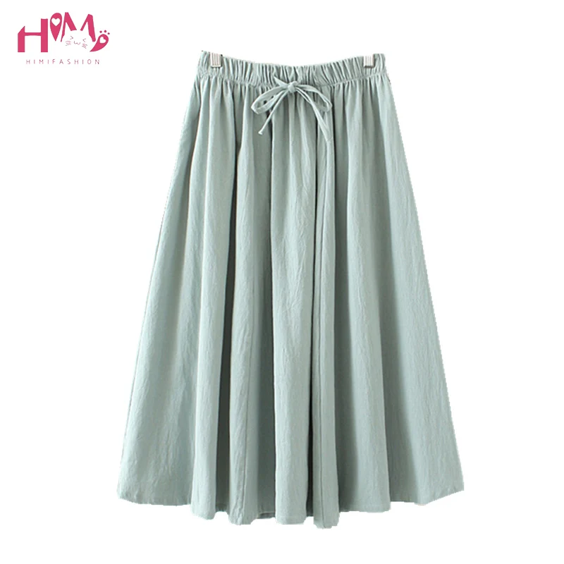 

Women's High Waist Flared Pleated Midi Skirt Vintage Cotton Linen Long A Line Skirt Basic Solid Elastic Waist Band Casual Skirt