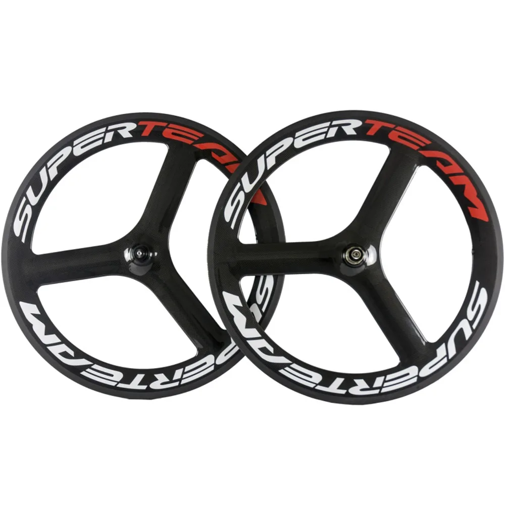 Clearance SUPERTEAM 3spoke Wheelset Road Carobn Wheels CLincher 23mm fixed gear track Wheels tri spoke wheelset 2
