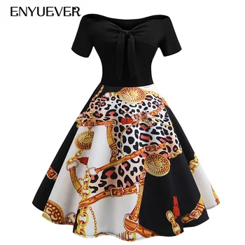 

Enyuever Vintage Dress Women Spring 2019 Short Sleeve Off Shoulder Swing Black Patchwork Floral Chain Print Vestido Casual Dress