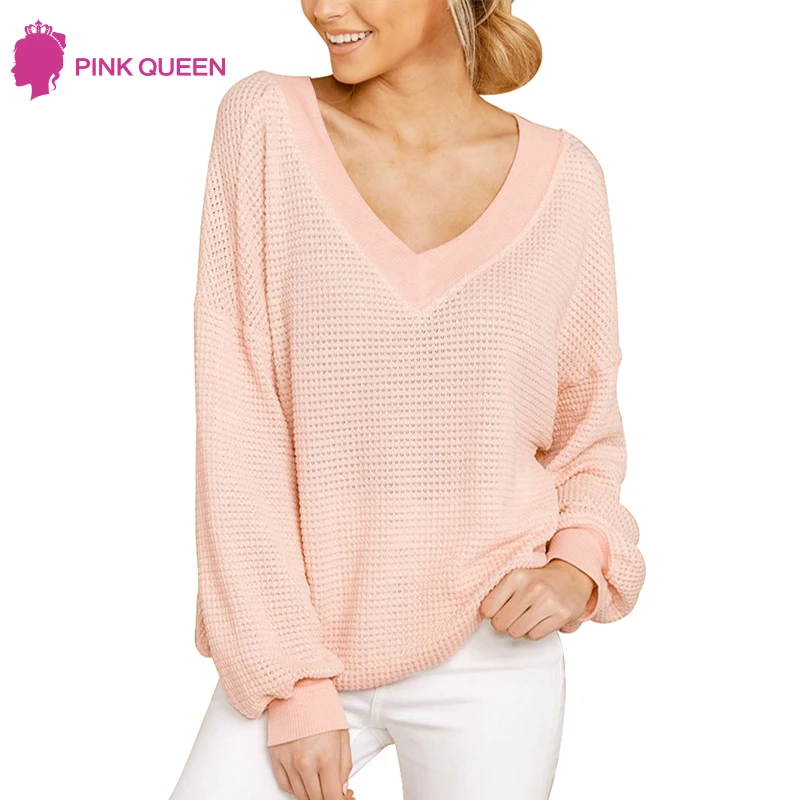 

Women Solid Sweatershirt Puff Long Sleeves V Neck 2019 New Waffle Pattern Loose Pullovers Hoodies Sweatshirts White Black XL