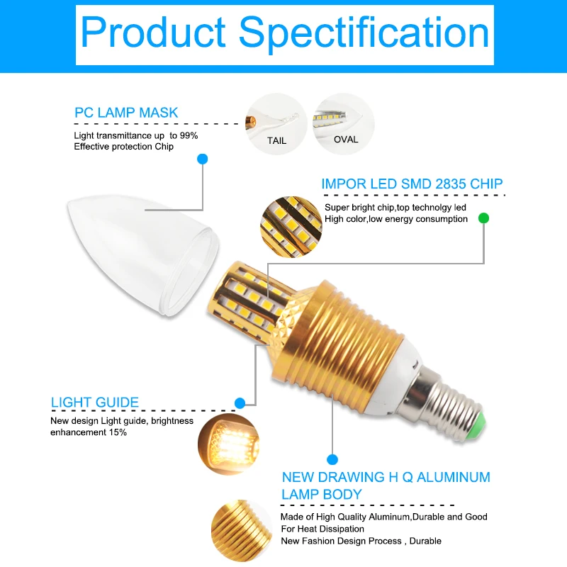 Светодиодный светильник E14, алюминиевый, 3 Вт, 6 Вт, 9 Вт, 12 Вт, светодиодный светильник переменного тока, 220 В, светодиодный светильник в форме свечи, холодный, теплый, белый, лампада, Bombillas Lumiere Lampara, светодиодный светильник