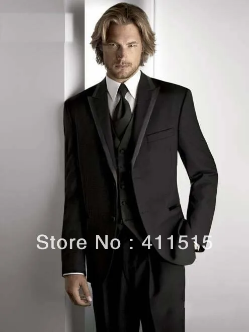 Good Price for  FREE SHIPPING/custom made Top selling Two buttons Black Peak Lapel Groom wear Tuxedo Groomsmen Men'