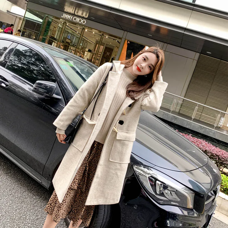 OLN 2019 New Fashionable Ox Horn Buckle Pure Color Long Style Woolen Coats Temperament Female High Quality Thick Overcoat 1698