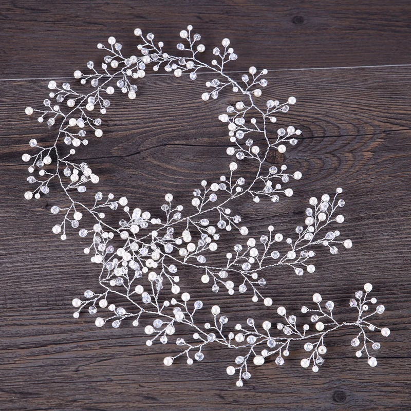 

Trendy Silver Pearl Charm Headbands Crystal Beads Long Bridal Hairbands Headdress Wedding Hair Accessories Tiara Headpiecs
