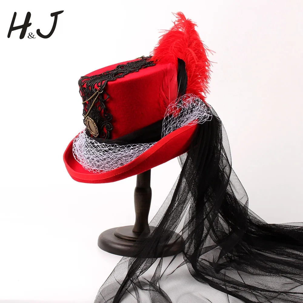 4 Size Handwork Red Wool Women Steampunk Fedora Top Hat For Lady Mad