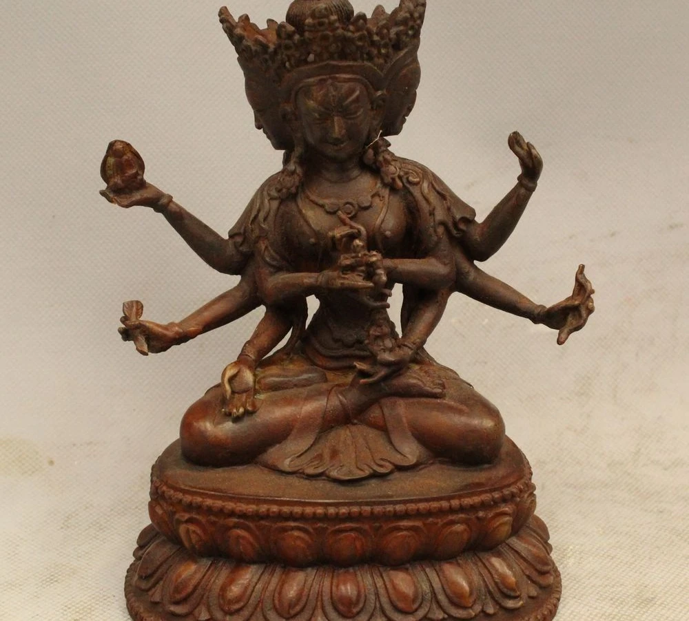 

8" China Buddhism Bronze 3 Head 8 Arms Namgyalma & Ushnishavijaya Buddha Statue