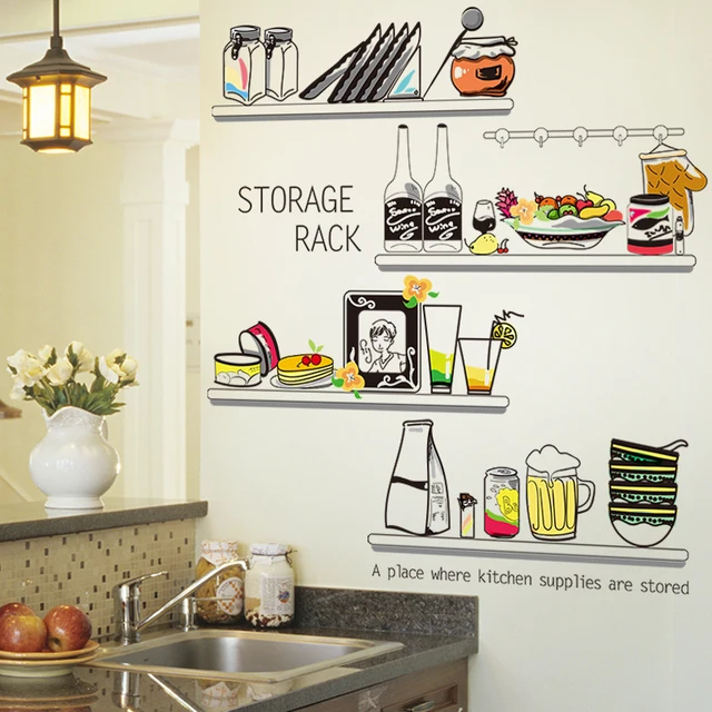 Special Offers [SHIJUEHEZI] Kitchen Sticker Vinyl Material DIY Storage Shelf Wall Decals for Dining Room Cupboard Fridge Glass Decoration