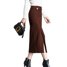 Осенне-зимняя юбка женская пуговица с высокой талией до середины икры элегантные тонкие шерстяные юбки женские модные офисные юбки YM1189