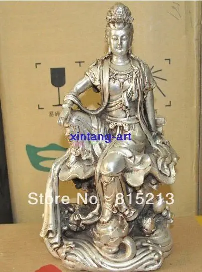 

bi00440 10inches Oriental Temple Tibet Silver Kwan-Yin Bodhisattva statue