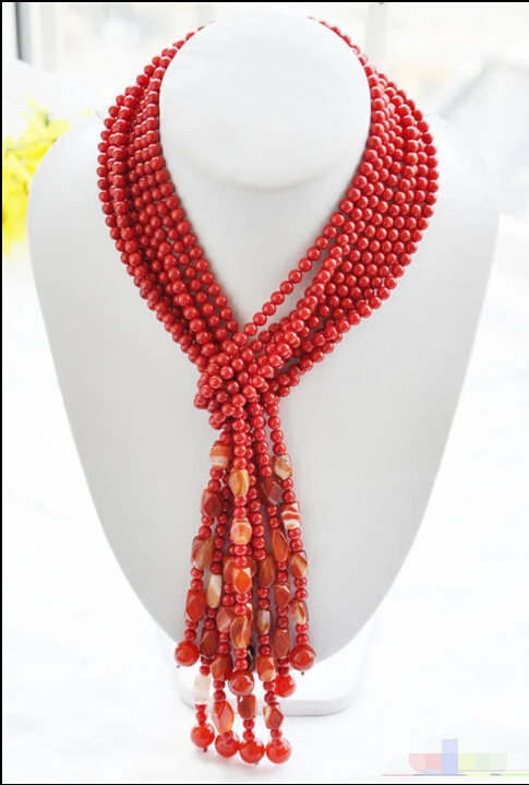 

S1689 100% real 4strands 50" 6mm red coral agate bead necklace ^^^@^Noble style Natural Fine jewe FREE SHIPPING