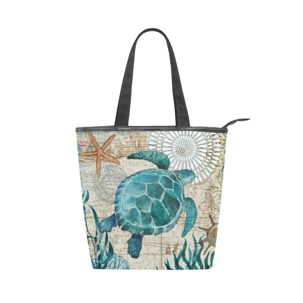 

2019 Women Canvas Bags Sea Turtle Octopus Printed Handbag Eco Reusable Foldable Shoulder Bag Tote Bag Casual Hand Bag