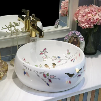 

Porcelain China bird with leaf pattern Classic Painting Art white color ceamic art wash basin bathroom sinks porcelain