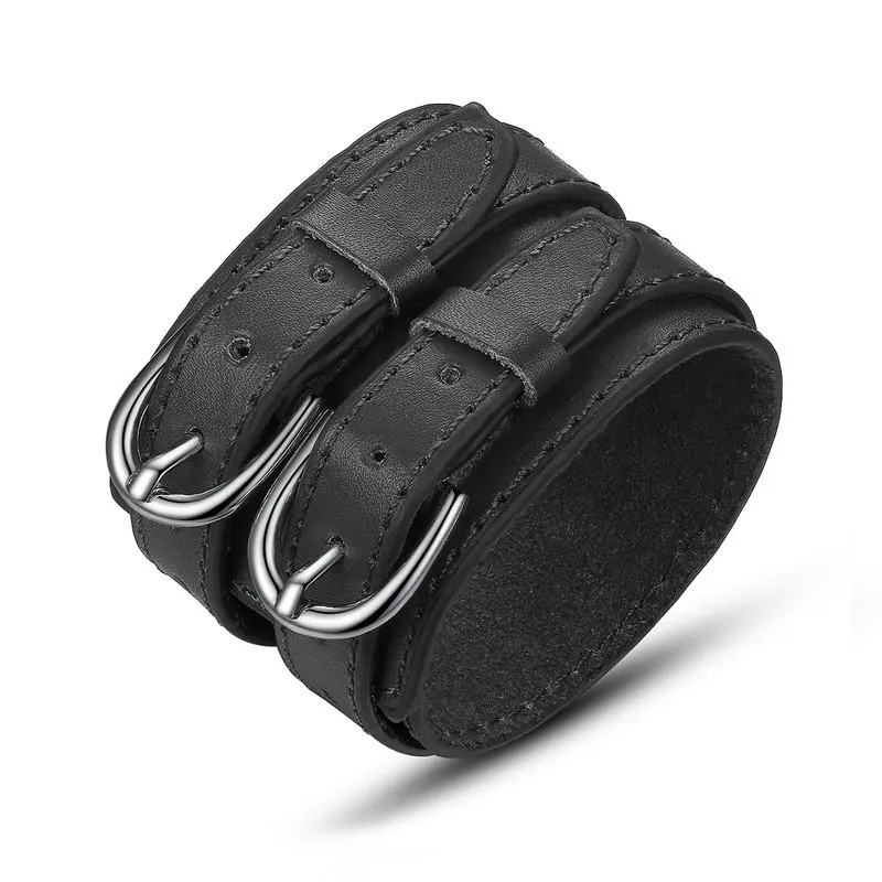 

Lace Up Bracelet Fashion Double Belt Blac kWrist Friendship Big Wide Leather Bracelet for Men Buckle Vintage Punk Jewelry