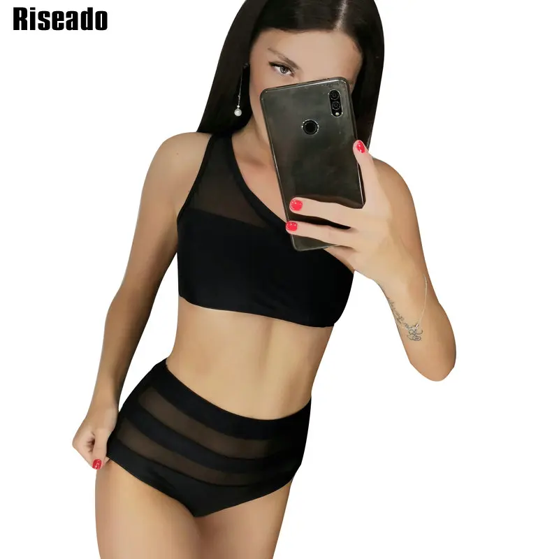 

Riseado One Shoulder Bikinis Sexy Mesh Swimsuit Push Up Swimwear Women High Waist Bathing Suit Solid Female Summer 2019